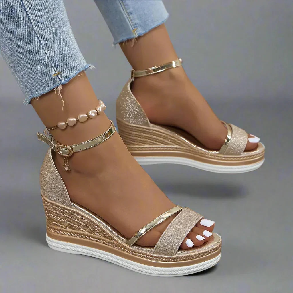 Women's Glitter Platform Wedge Sandals with Ankle Strap