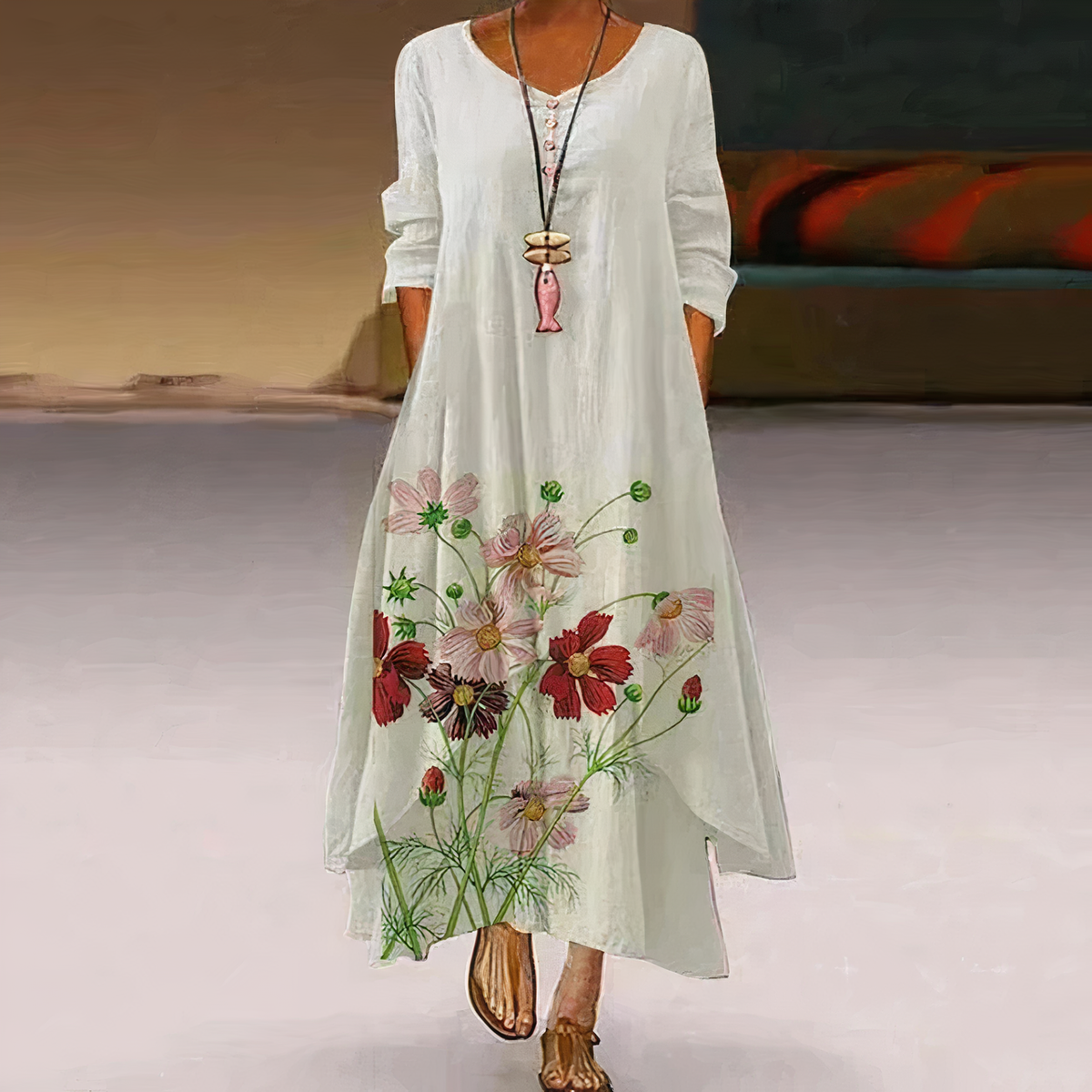 Women’s Long-Sleeve Midi Dress with Asymmetric Hem