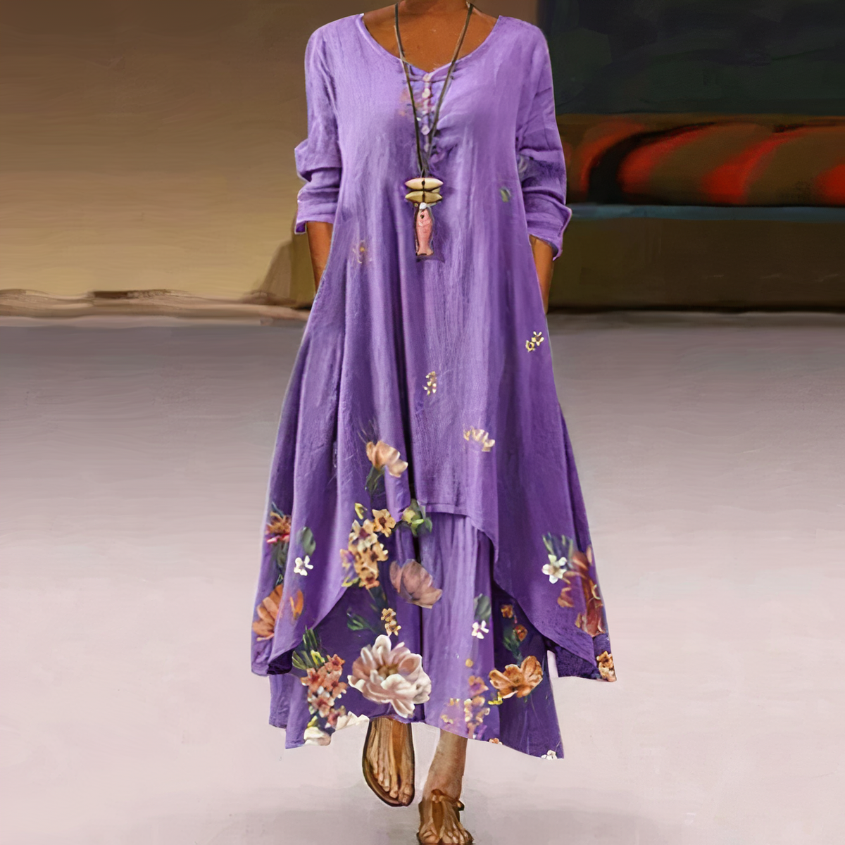 Women’s Long-Sleeve Midi Dress with Asymmetric Hem