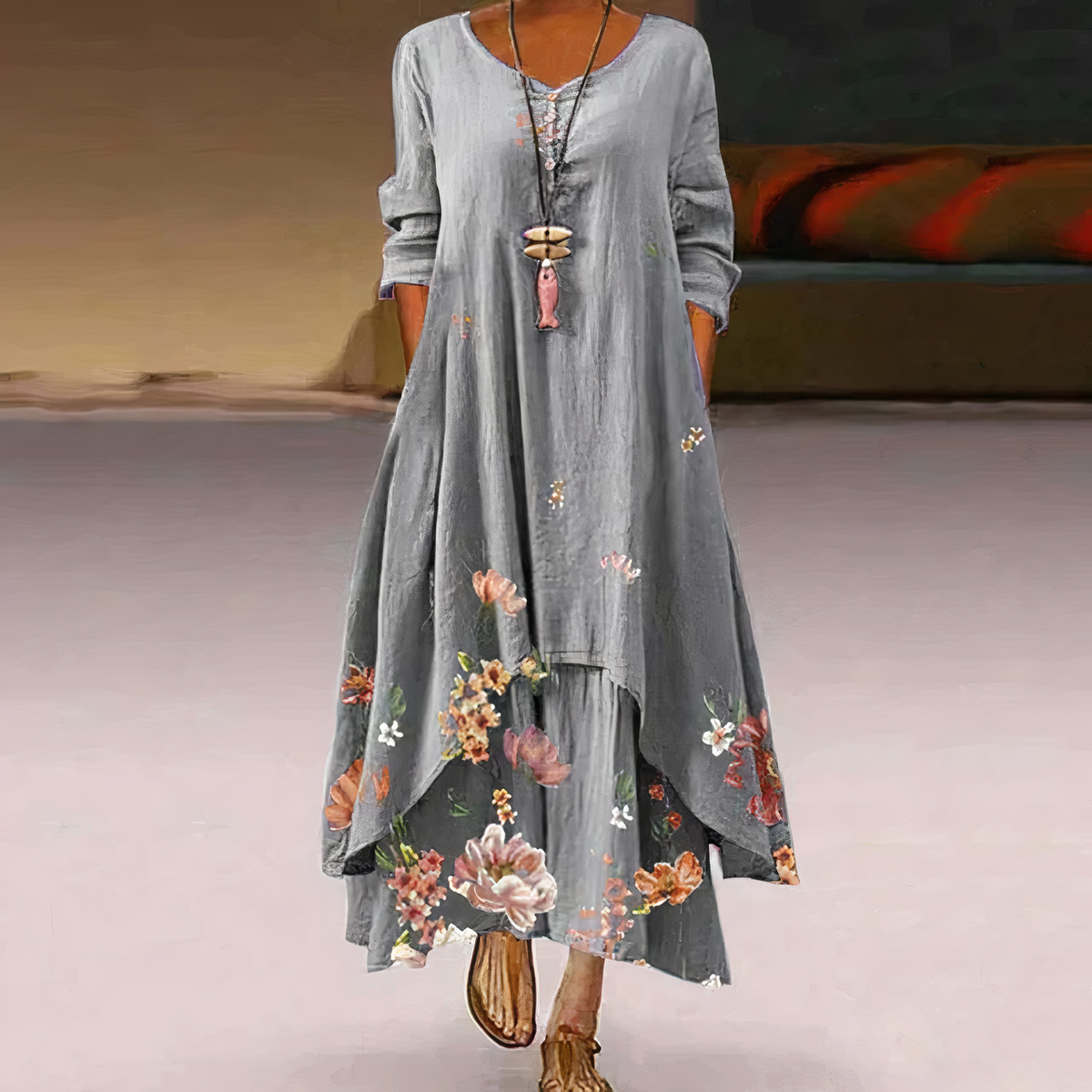 Women’s Long-Sleeve Midi Dress with Asymmetric Hem