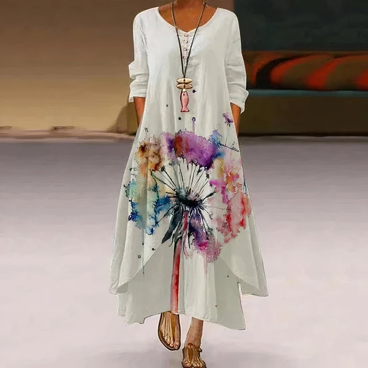 Women's Loose Long-Sleeve Round Neck Boho Maxi Dress with Floral Hem