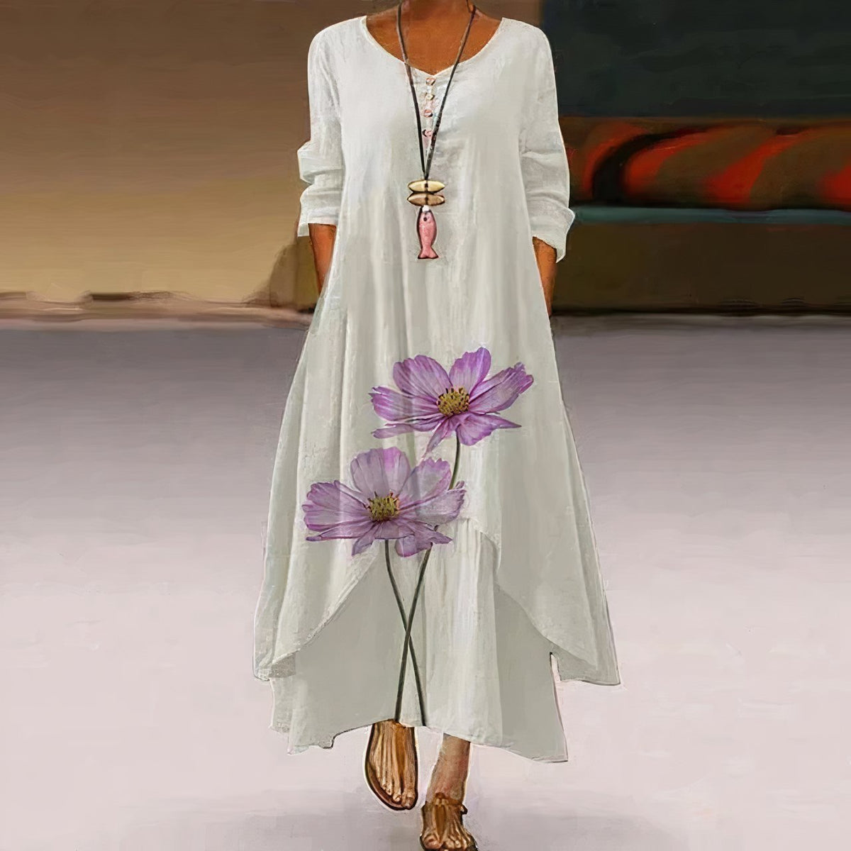 Women's Loose Long-Sleeve Round Neck Boho Maxi Dress with Floral Hem