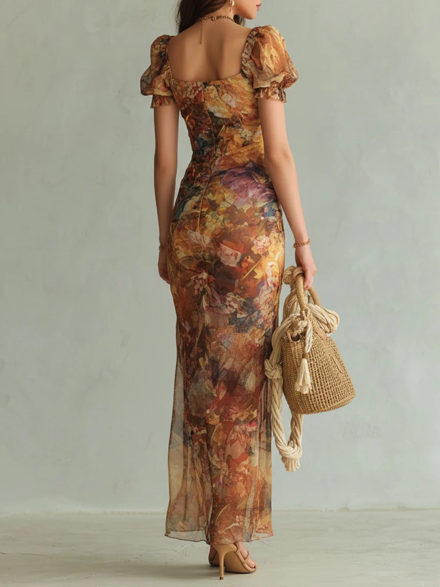 Women's Ruched Sweetheart-Neck Floral Maxi Dress