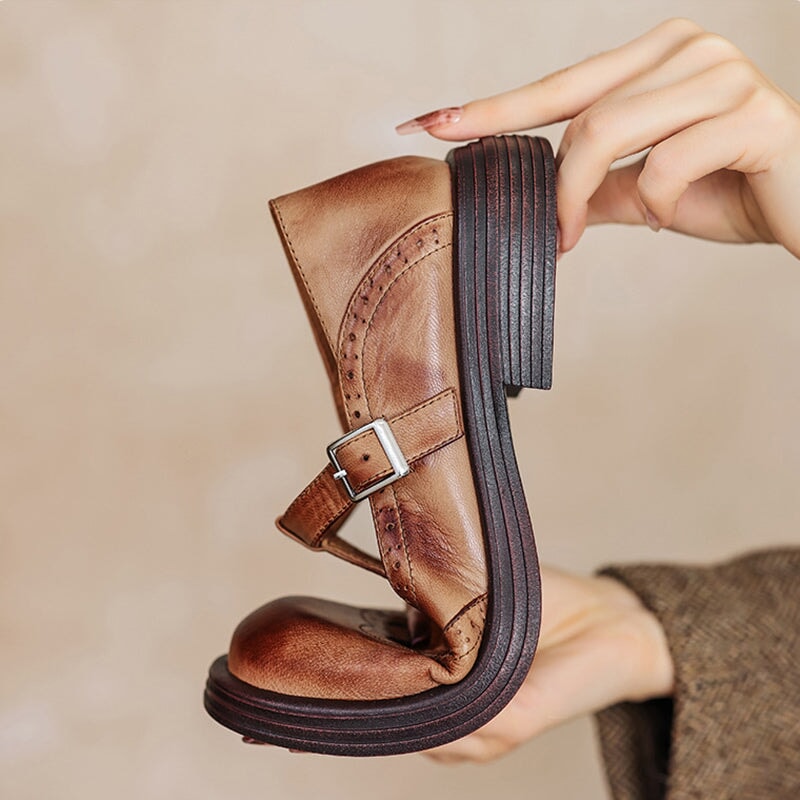 Women's T-Strap Shoes – Textured Look with Perforated Details